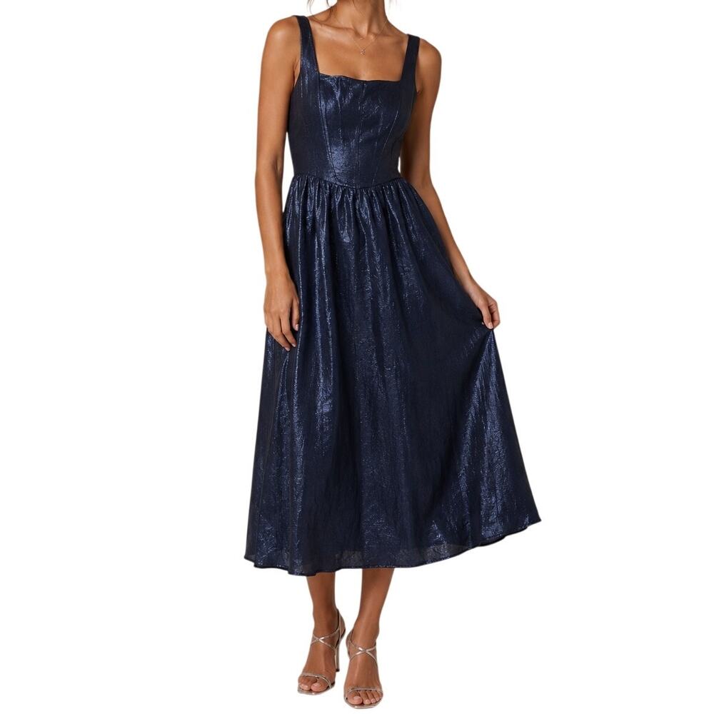 WAYF Anthropologie Desi Bustier Midi Dress Metallic Navy Size Small